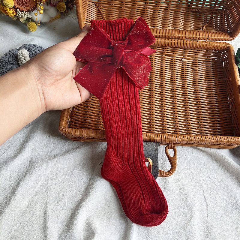 Solid With Bow Socks - Red - Silver Sparkle Bow Long Socks - 13-15Y - image 3