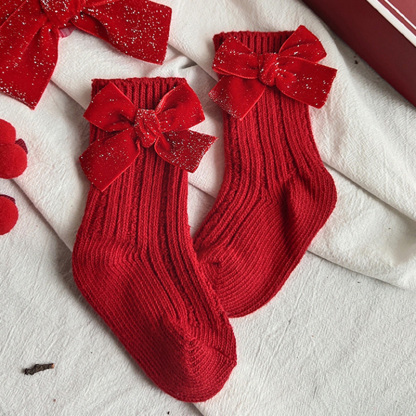 Solid With Bow Socks - Red - Silver Sparkle Bow Short Socks - 13-15Y - image 4