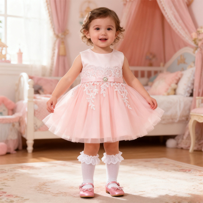 Satin Imitation Pearls Bow Sleeveless Mid-long Dresses - Pink - 24M - image 1