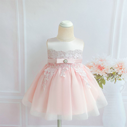 Satin Imitation Pearls Bow Sleeveless Mid-long Dresses - image 6