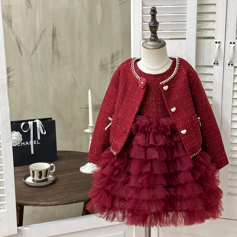 Tweed Folds Bow Long Sleeve Regular Dresses&two-piece Set - Red - 8-9Y - image 1