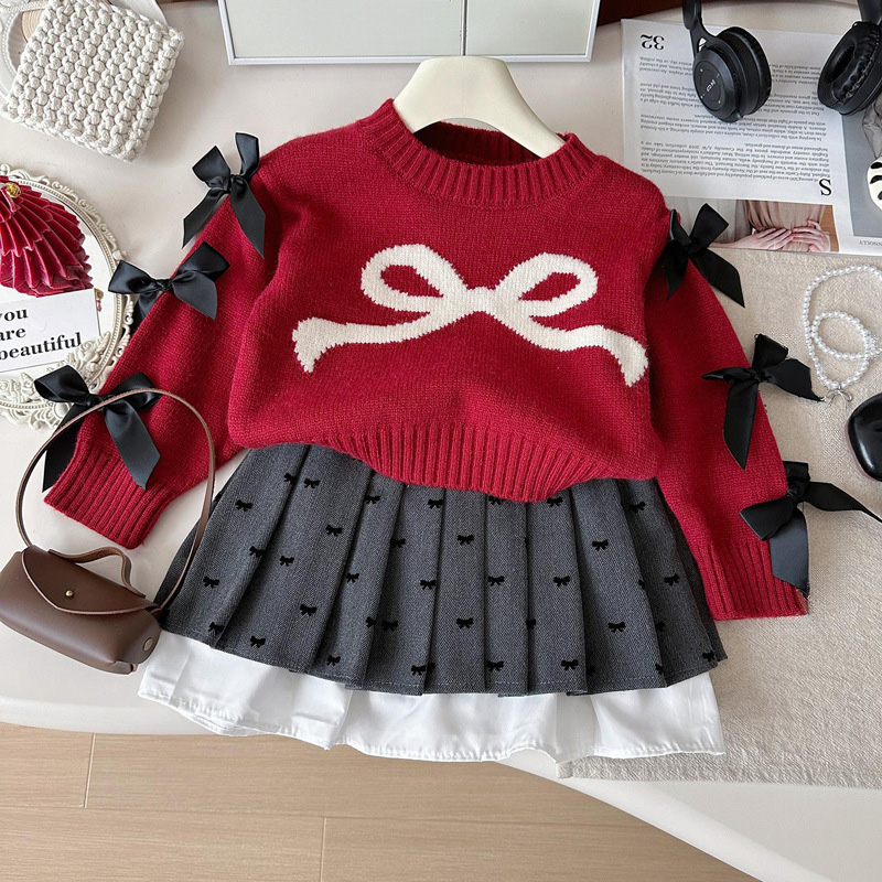 Yarn/wool Yarn Bow Pleated Long Sleeve Regular Dresses&two-piece Set - image 2
