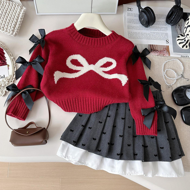 Yarn/wool Yarn Bow Pleated Long Sleeve Regular Dresses&two-piece Set - Red - 140cm - image 1
