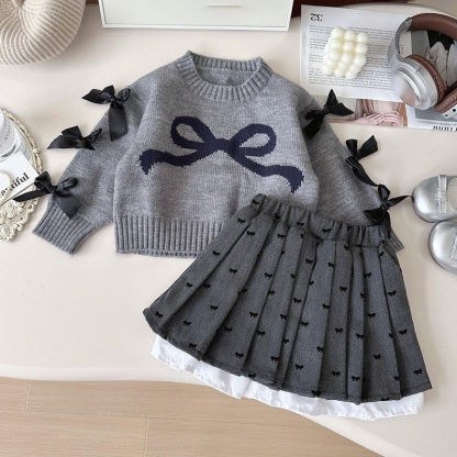 Yarn/wool Yarn Bow Pleated Long Sleeve Regular Dresses&two-piece Set - Grey - 140cm - image 7