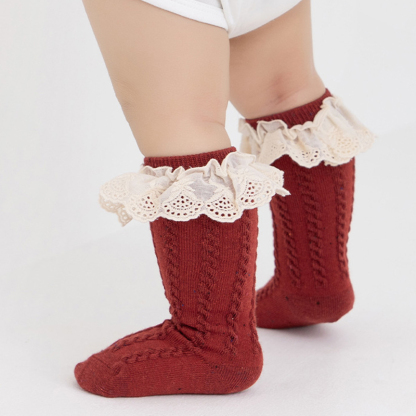 Color-block Braided Design Socks - Red - White Floral Pattern - 5-8Y - image 4