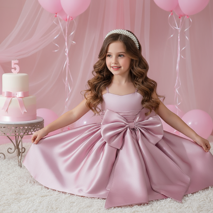 Satin Bow Sleeveless Midi Dresses - Dark Pink - 12Y - image 3