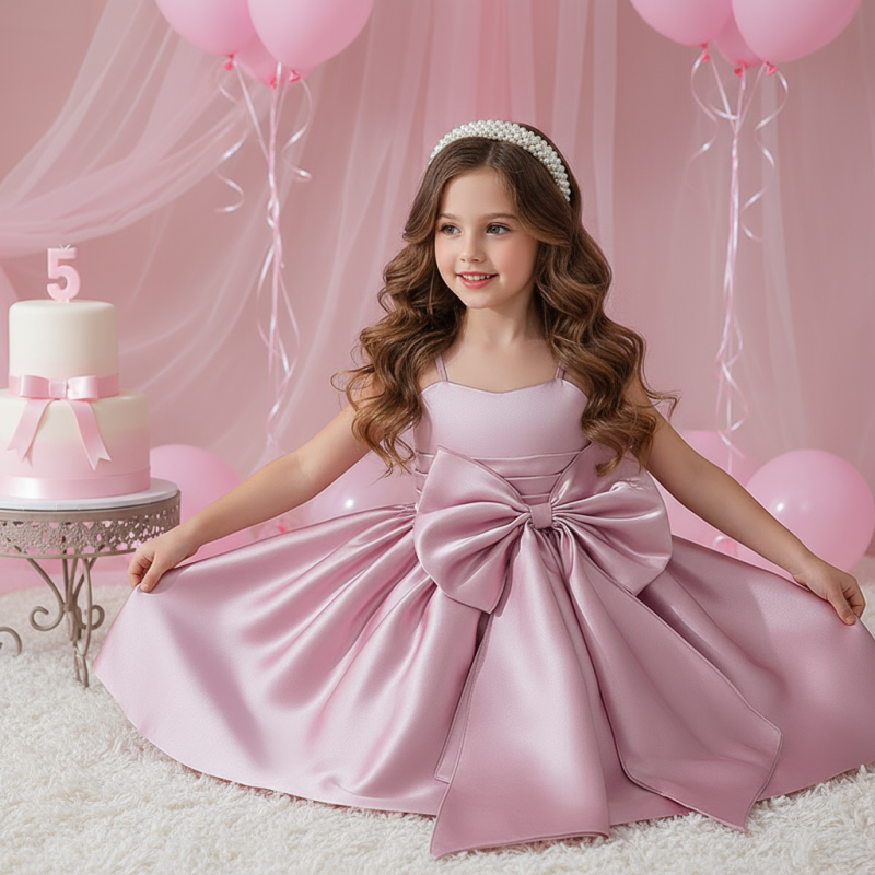 Satin Bow Sleeveless Midi Dresses - Dark Pink - 12Y - image 3