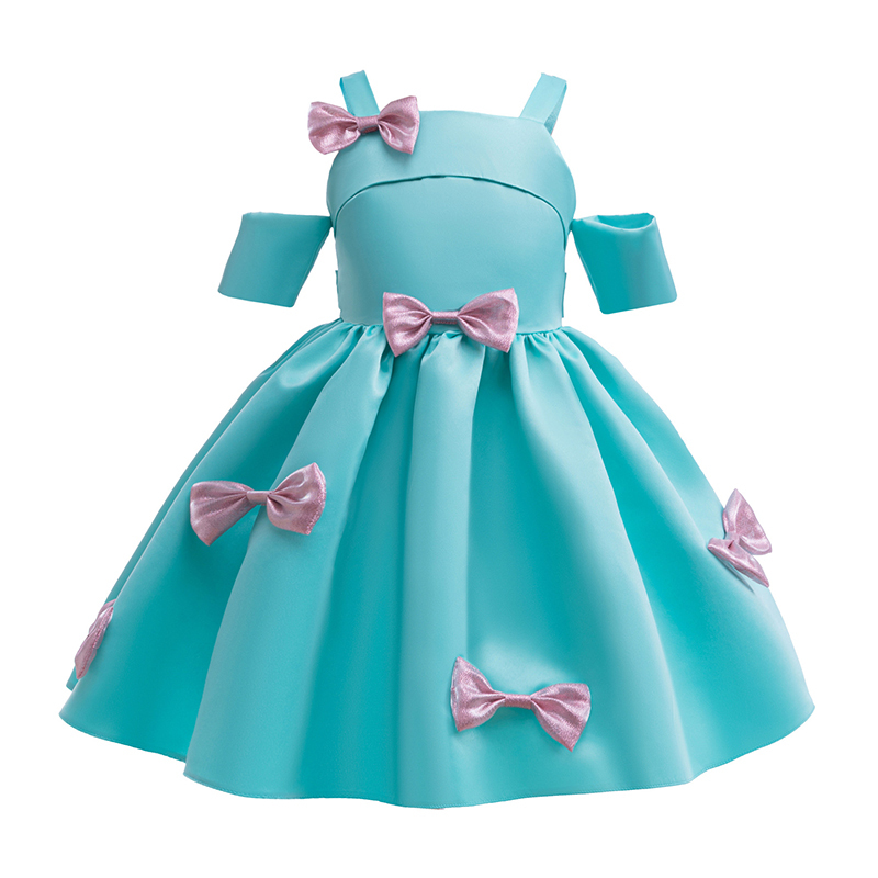 Satin Bow Short Sleeve Midi Dresses - Cyan - 11-12Y - image 2