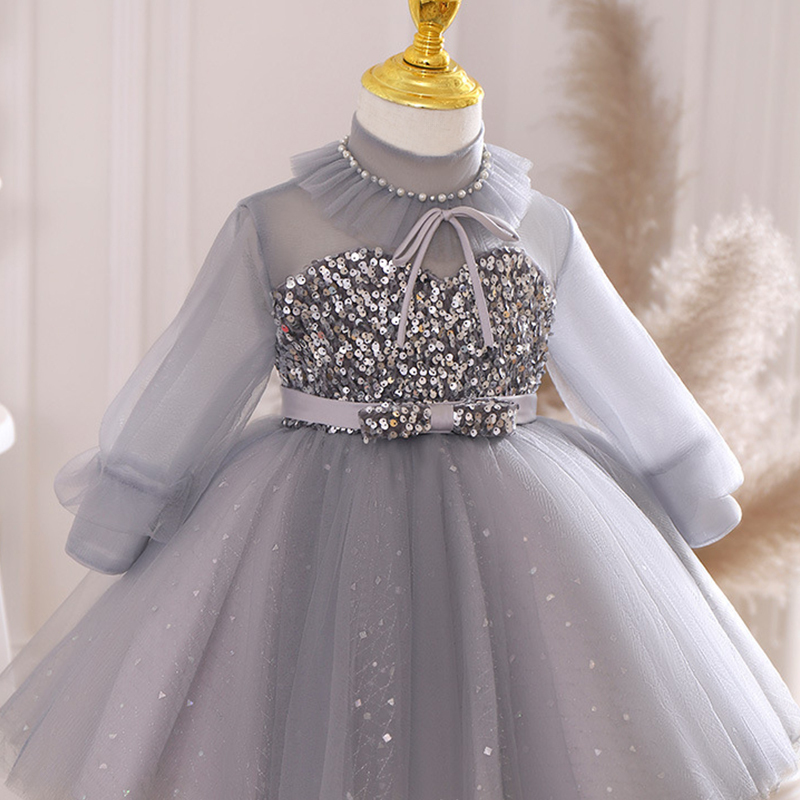 [Archive Sale] Mesh Split Joint Long Sleeve Midi Dresses - Light Gray - 6-7Y【130cm】 - image 1