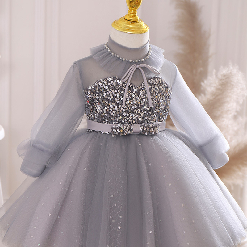 [Archive Sale] Mesh Split Joint Long Sleeve Midi Dresses - Light Gray - 6-7Y【130cm】 - image 1