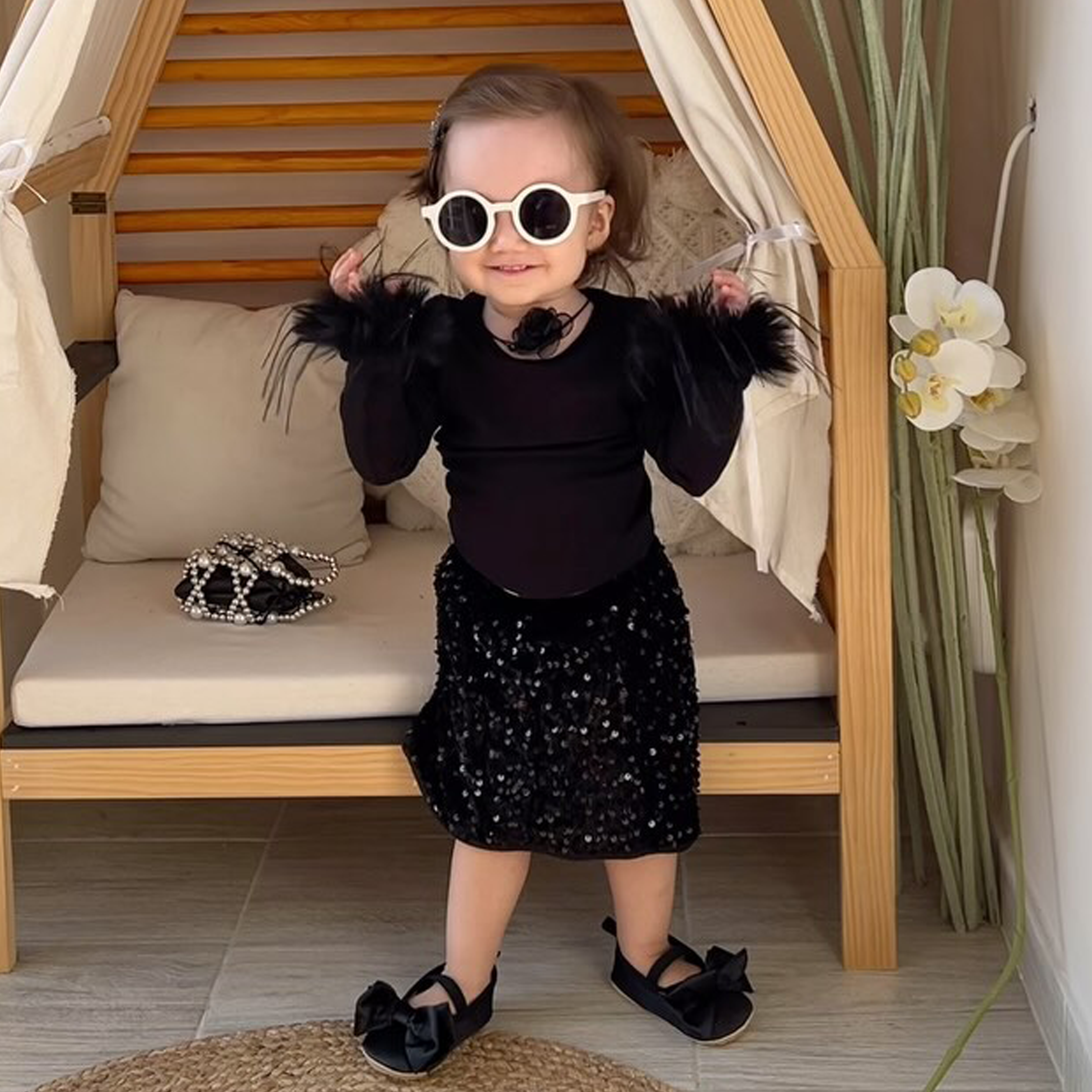 Knitted Feather-trimmed Long Sleeve Midi Tops&skirts Set - Black - Tops - 11-12Y - image 1