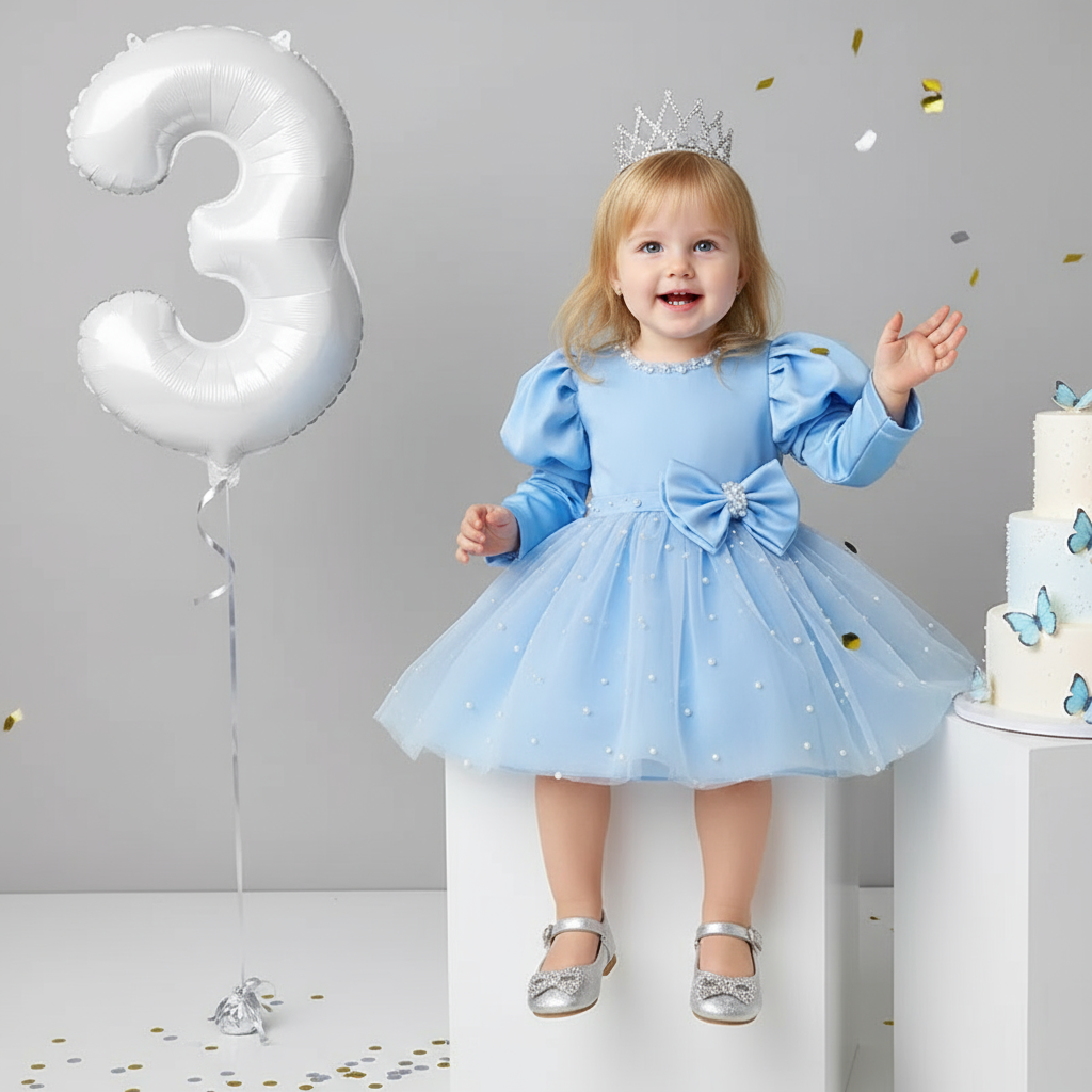 Satin Split Joint Long Sleeve Midi Dresses - Blue - 11-13Y - image 1