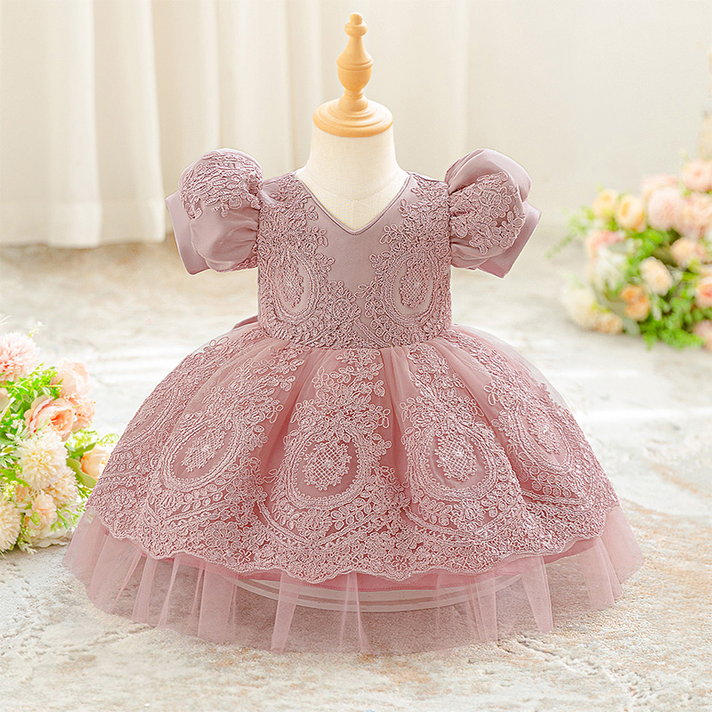Lace Bow Lace Short Sleeve Mid-long Dresses - Mauve Pink - 2-3Y - image 1