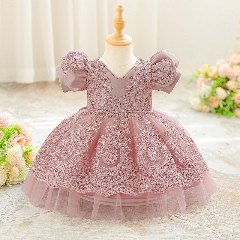 Lace Bow Lace Short Sleeve Mid-long Dresses - Mauve Pink - 2-3Y - image 1