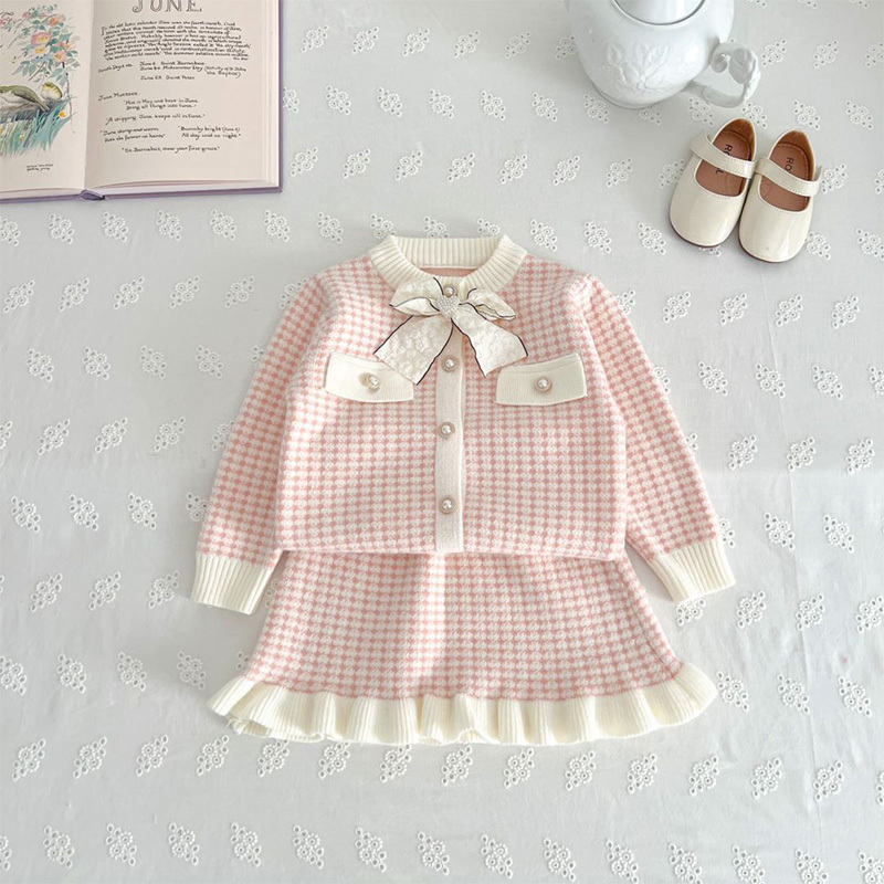 Yarn/wool Yarn Bow Long Sleeve Regular Two-piece Set - Pink - 130cm - image 6