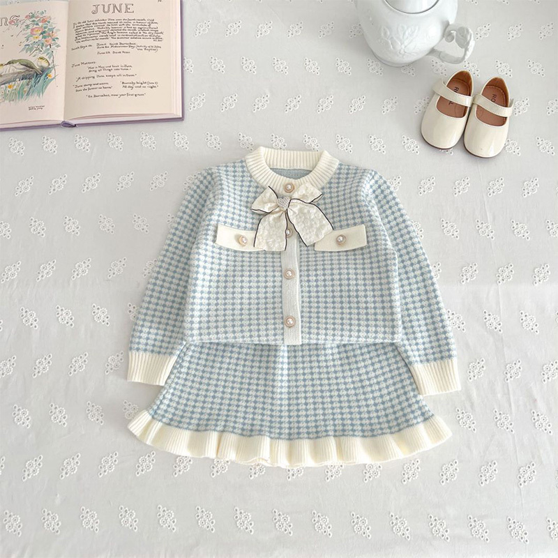 Yarn/wool Yarn Bow Long Sleeve Regular Two-piece Set - Light Blue - 130cm - image 7