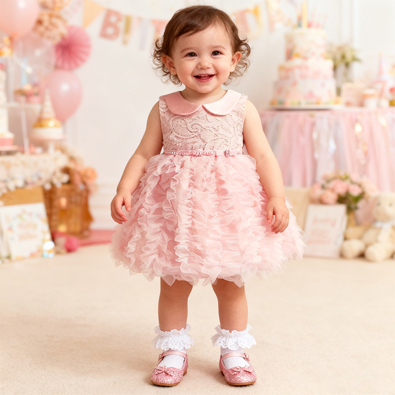 Lace Folds Sleeveless Mid-long Dresses - Pink - 24M - image 2