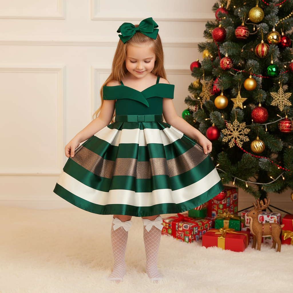 Satin Striped Bow Short Sleeve Midi Dresses - image 2