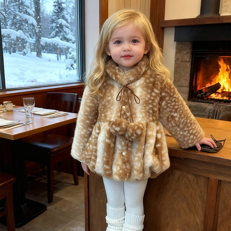 Faux Fur Fuzzy Ball Long Sleeve Regular Outerwears - Camel - 130cm - image 1