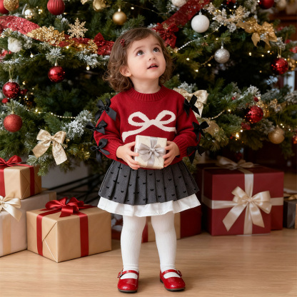 Yarn/wool Yarn Bow Pleated Long Sleeve Regular Dresses&two-piece Set - image 8