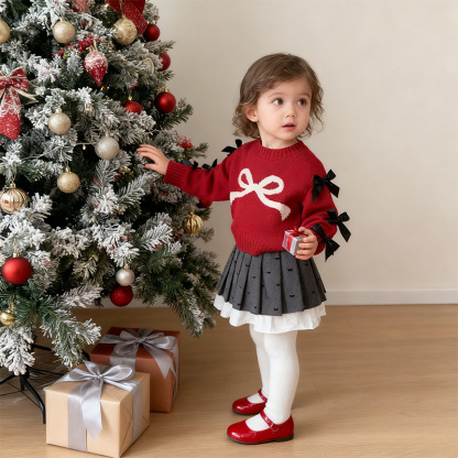 Yarn/wool Yarn Bow Pleated Long Sleeve Regular Dresses&two-piece Set - image 3