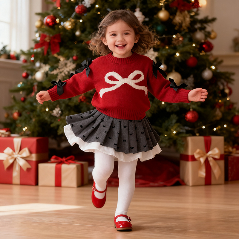 Yarn/wool Yarn Bow Pleated Long Sleeve Regular Dresses&two-piece Set - image 10