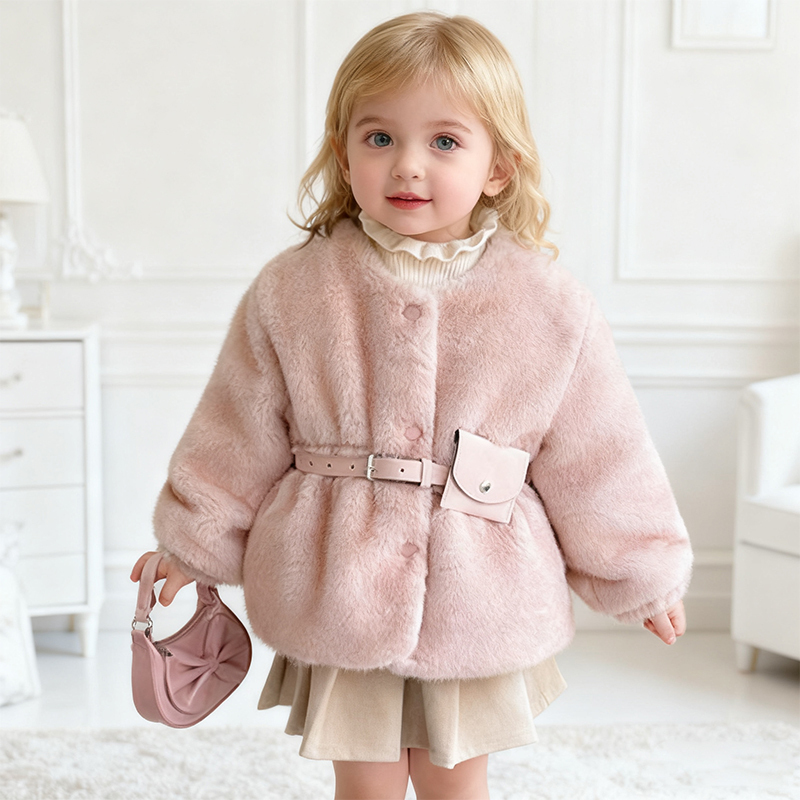 Faux Fur Fleece Long Sleeve Regular Outerwears - Pink - 7-9Y - image 1