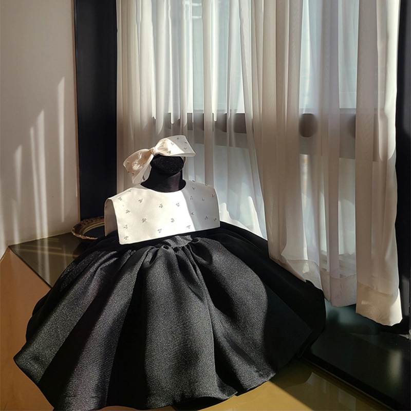 Satin Bow Sleeveless Midi Dresses - Black - 5-6Y - image 1
