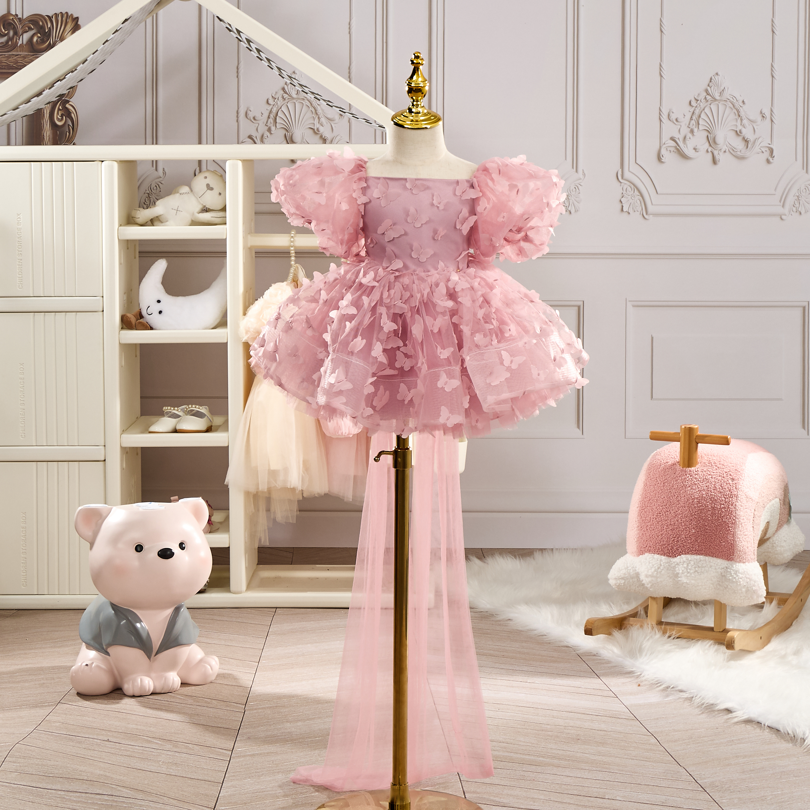 Chemical Fiber Blend Bow Long Sleeve Midi Dresses - Pink - 160cm - image 3