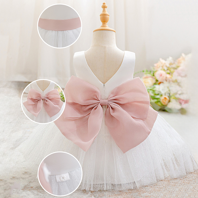 Mesh Bow Sleeveless Midi Dresses - White - 18-24M - image 1