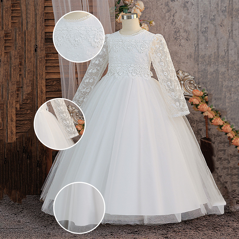 Mesh Applique Long Sleeve Maxi Dresses - White - 12Y - image 2