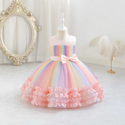 Mesh Gathered Cap Sleeve Midi Dresses - Pink - 4-5Y - image 1