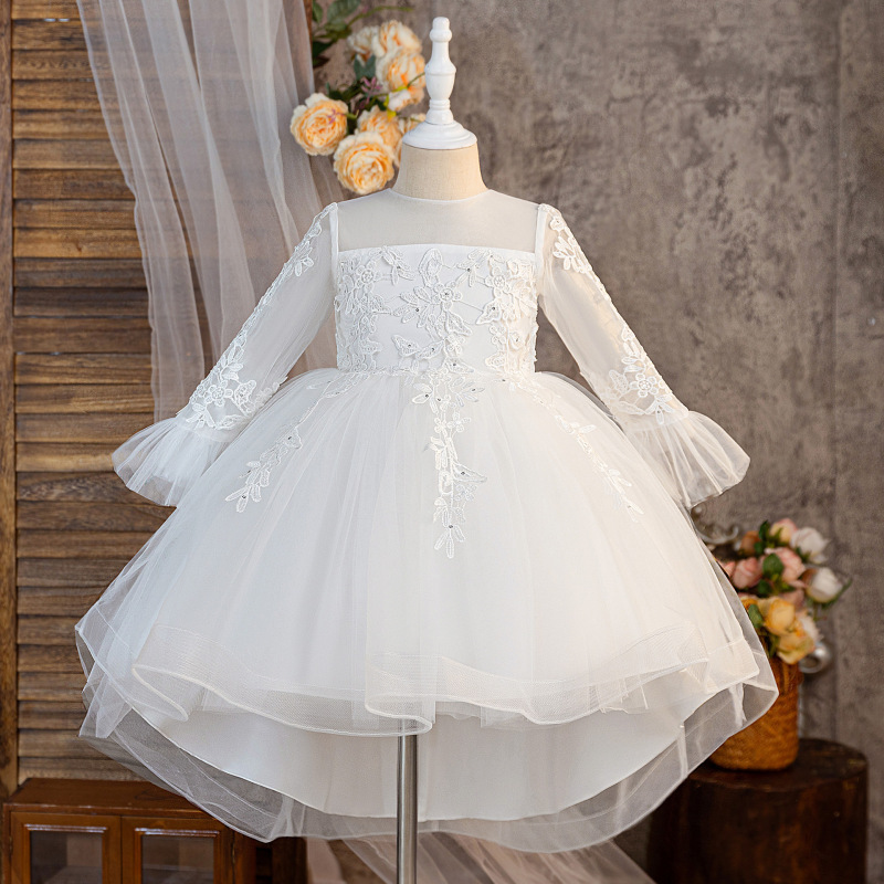 Mesh Applique Long Sleeve Midi Dresses - White - 8Y - image 1
