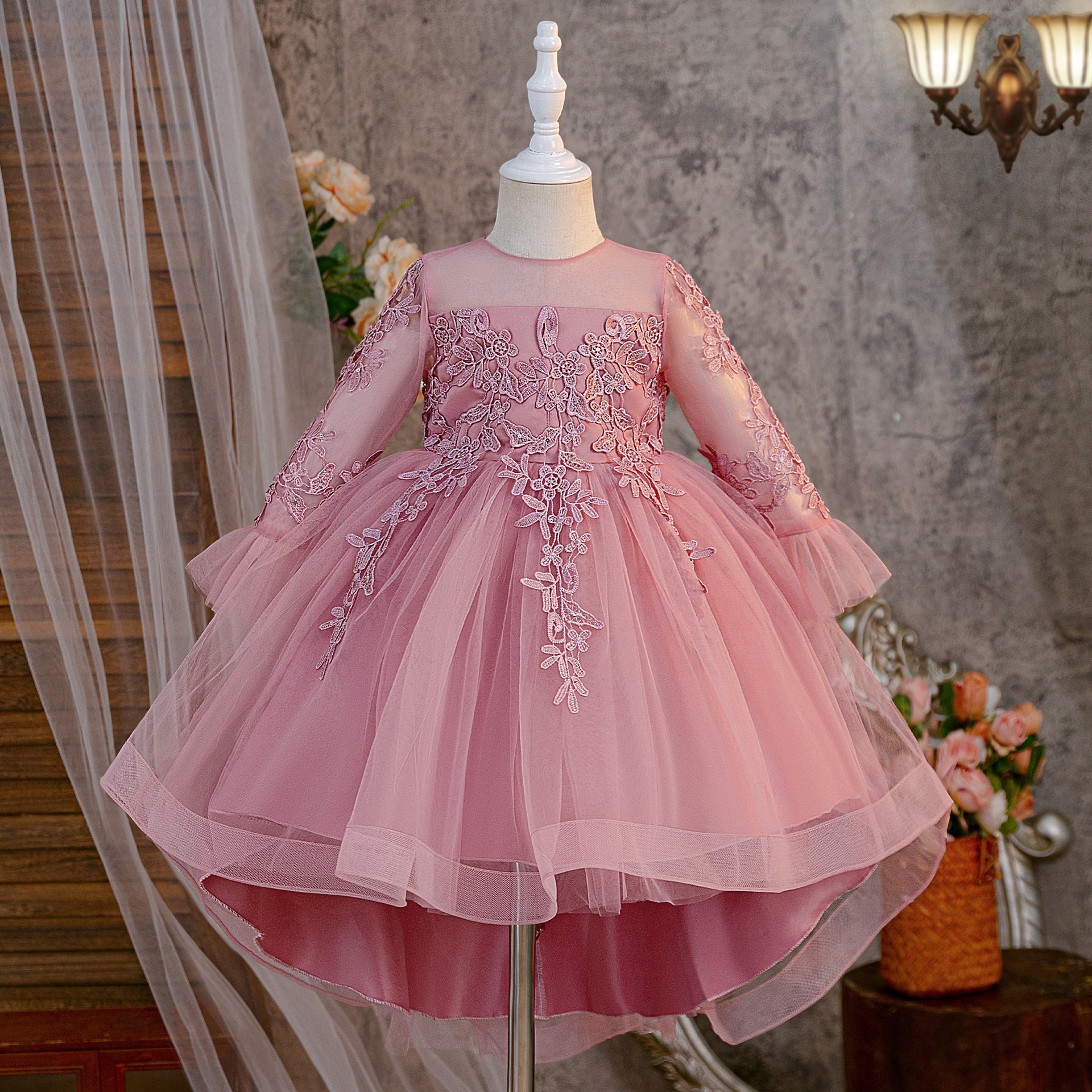 Mesh Applique Long Sleeve Midi Dresses - Pink - 8Y - image 8