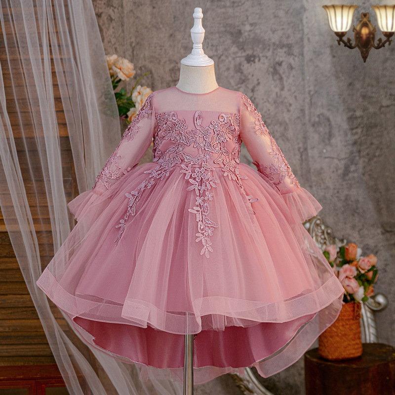 Mesh Applique Long Sleeve Midi Dresses - Pink - 8Y - image 8