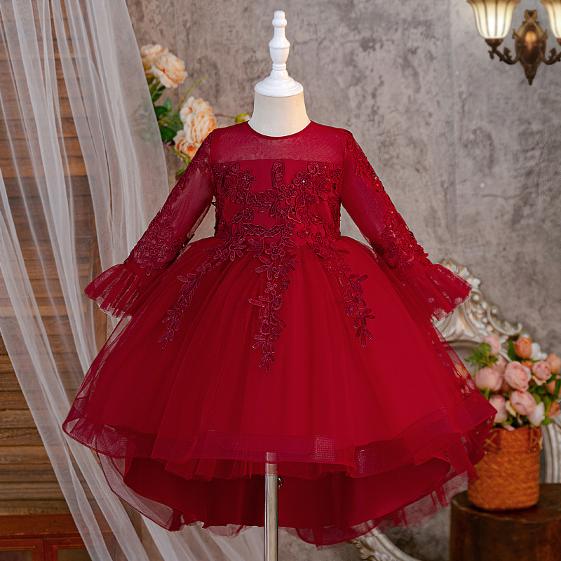 Mesh Applique Long Sleeve Midi Dresses - Red - 8Y - image 16