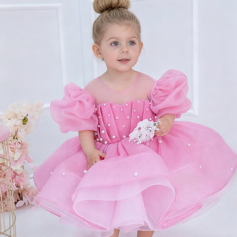 Chemical Fiber Blend Bow Imitation Pearls Short Sleeve Mid-long Dresses - image 1