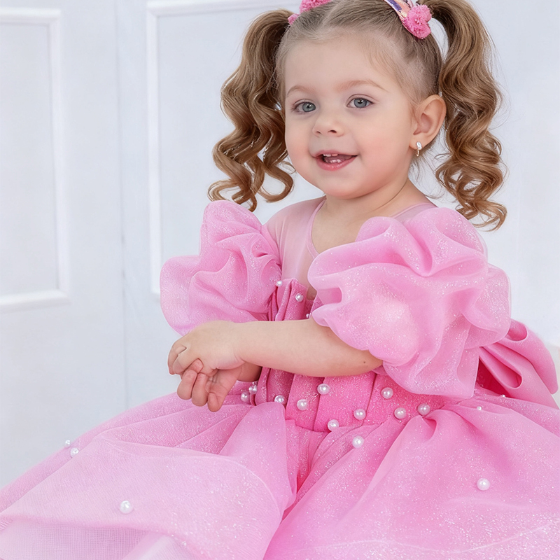 Chemical Fiber Blend Bow Imitation Pearls Short Sleeve Mid-long Dresses - image 8