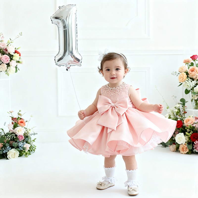 Chemical Fiber Blend Imitation Pearls Bow Sleeveless Mid-long Dresses - image 1