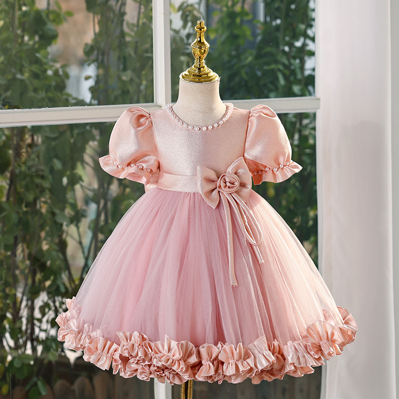 Satin Split Joint Short Sleeve Midi Dresses - Pink - 9-10Y - image 1