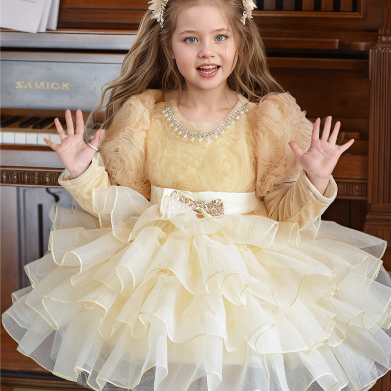 Organza Split Joint Short Sleeve Midi Dresses - Light Yellow - 9-11Y - image 1