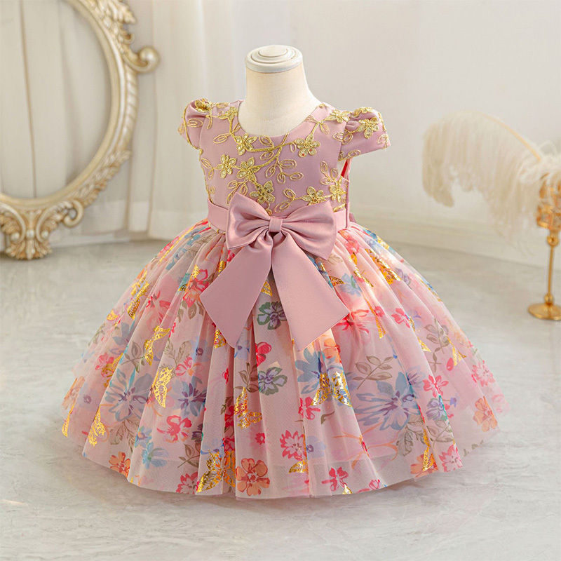 Mesh Bow Short Sleeve Midi Dresses - Dark Pink - 4-5Y - image 1