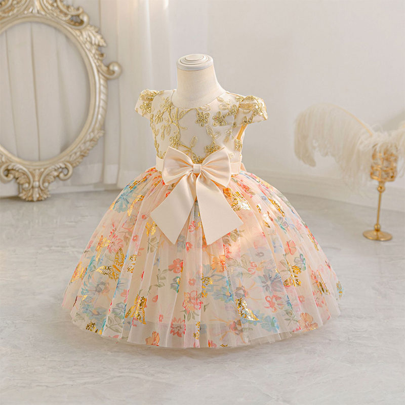 Mesh Bow Short Sleeve Midi Dresses - Champagne - 4-5Y - image 4