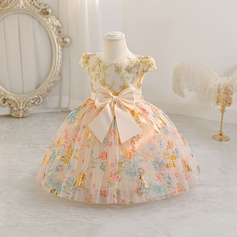 Mesh Bow Short Sleeve Midi Dresses - Champagne - 4-5Y - image 4