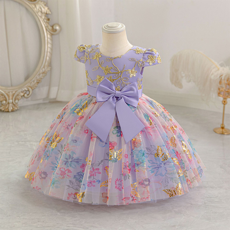 Mesh Bow Short Sleeve Midi Dresses - Purple - 4-5Y - image 7