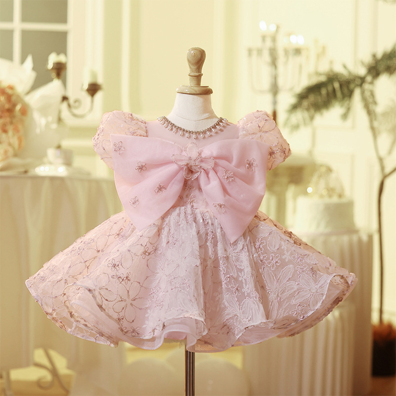 Jacquard Bow Short Sleeve Midi Dresses - Pink - 11-13Y - image 1