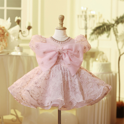 Jacquard Bow Short Sleeve Midi Dresses - Pink - 11-13Y - image 1