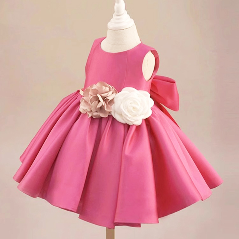Satin Rosette Sleeveless Midi Dresses - Rose - 15-16Y - image 1