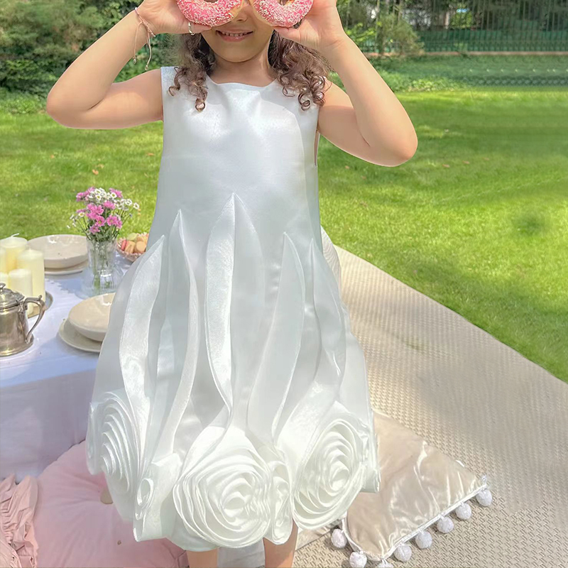 [Archive Sale] Satin Rosette Sleeveless Midi Dresses - White - 4-5Y【110cm】 - image 1