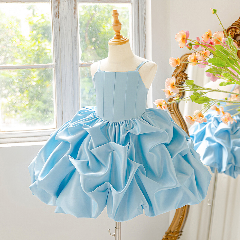 Satin Ruched Sleeveless Midi Dresses - Sky Blue - 8Y - image 1